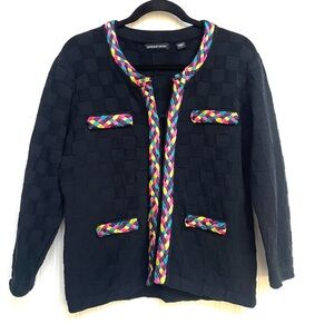 MICHAEL SIMON Vintage Women’s Rainbow Trim Black Checkered Knit Cardigan Size L